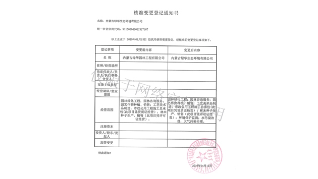 標(biāo)題：綠華生態(tài)核準(zhǔn)變更登記通知書
瀏覽次數(shù)：1980
發(fā)表時(shí)間：2019-10-26